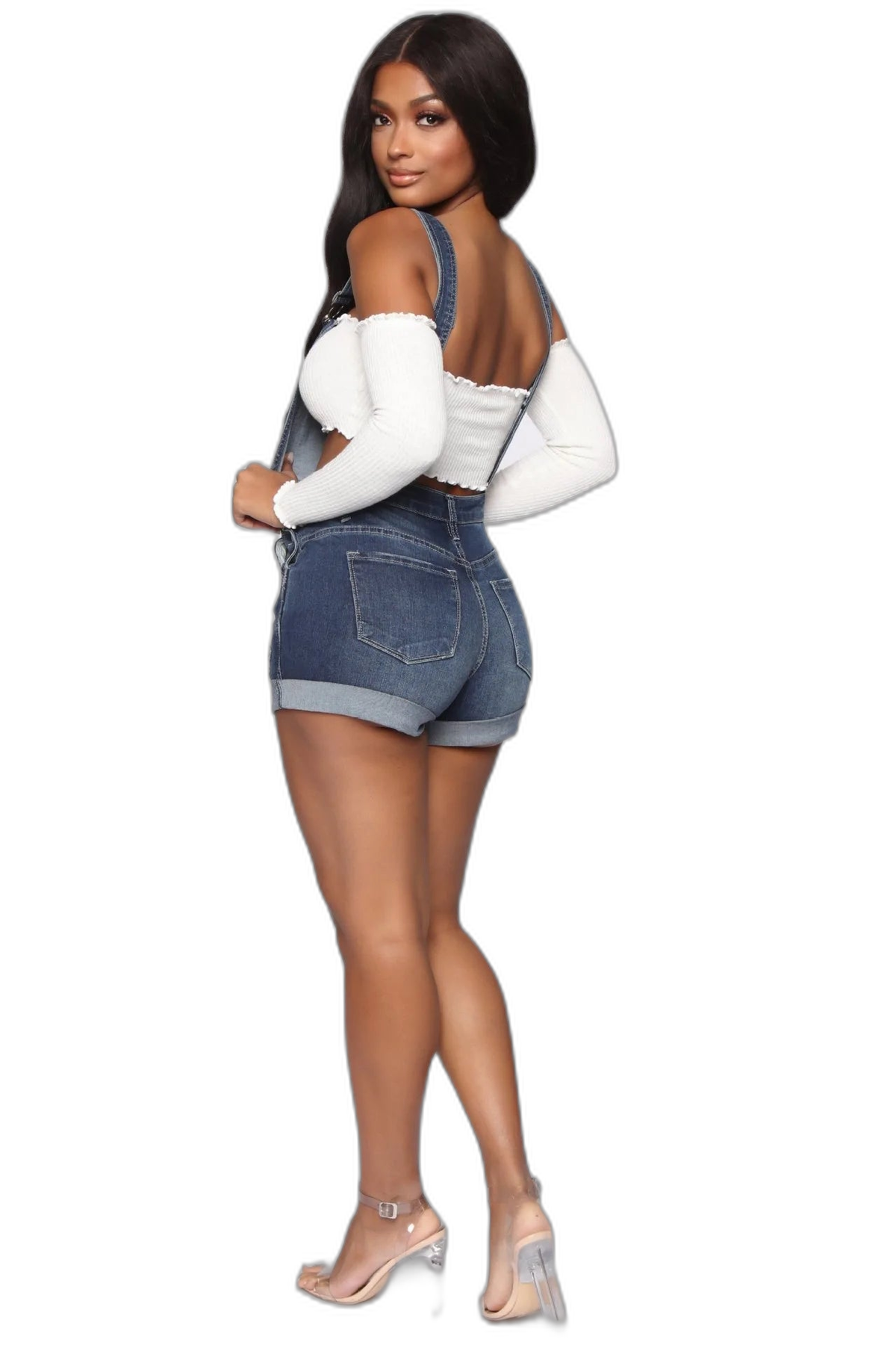 Salopette Short en Jean Femme Déchirée Stretch