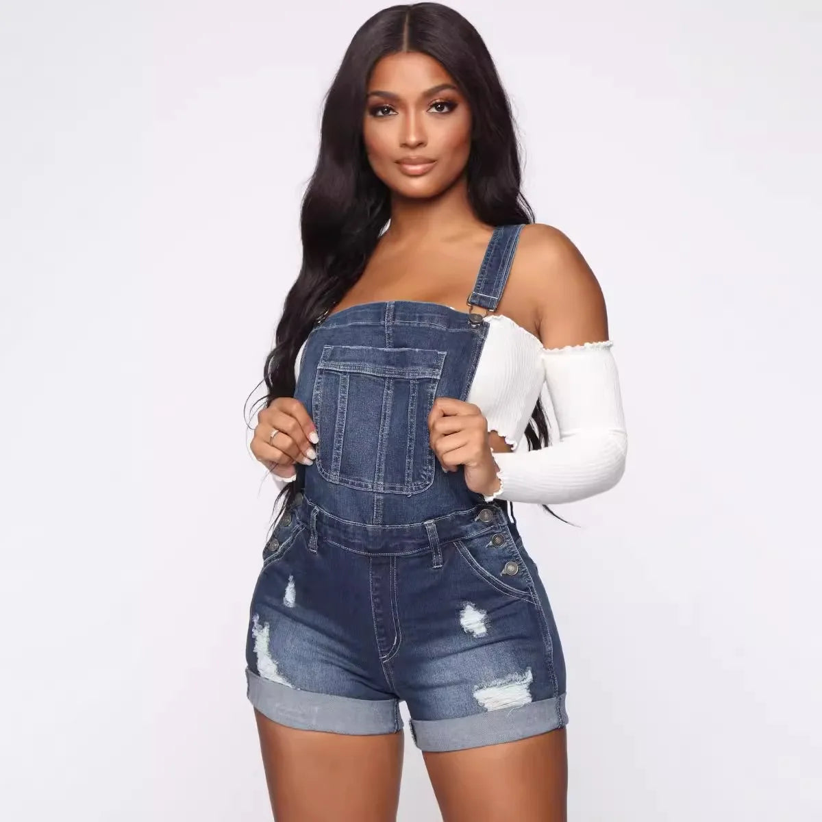Salopette Short en Jean Femme Déchirée Stretch