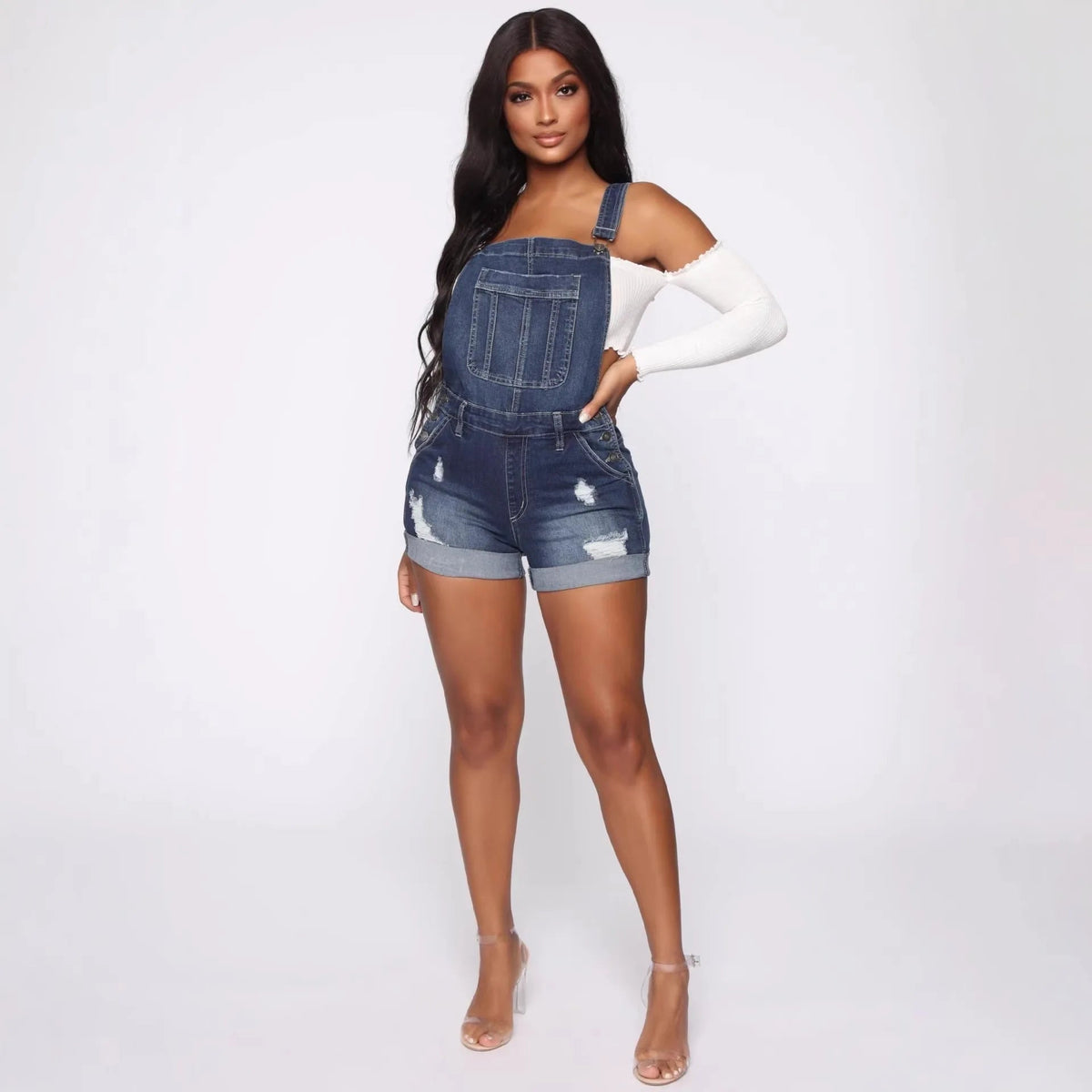 Salopette Short en Jean Femme Déchirée Stretch