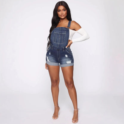 Salopette Short en Jean Femme Déchirée Stretch