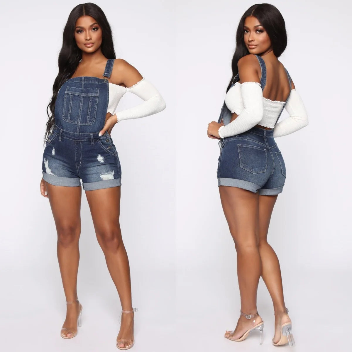 Salopette Short en Jean Femme Déchirée Stretch