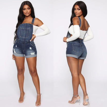 Salopette Short en Jean Femme Déchirée Stretch