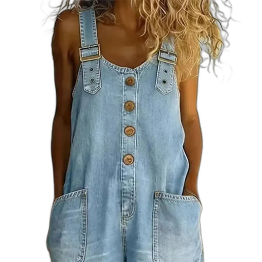 Salopette Short en Jean Femme Jambe Large Boutonnée