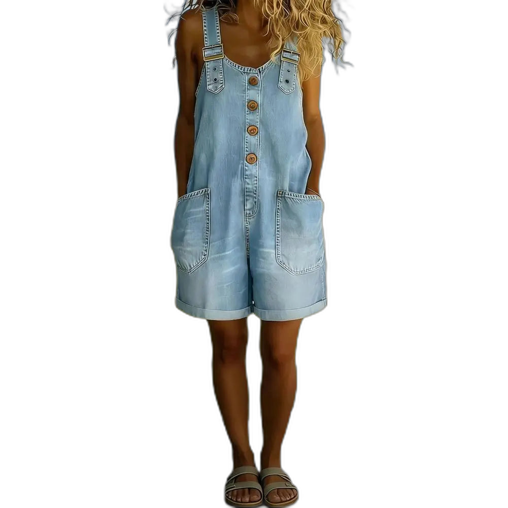 Salopette Short en Jean Femme Jambe Large Boutonnée