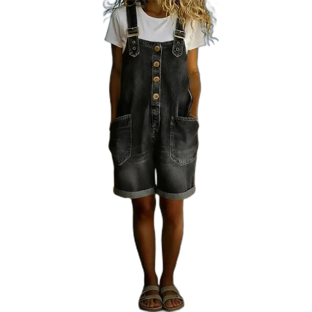 Salopette Short en Jean Femme Jambe Large Boutonnée