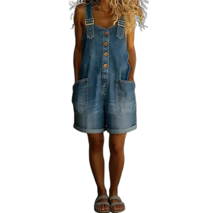 Salopette Short en Jean Femme Jambe Large Boutonnée