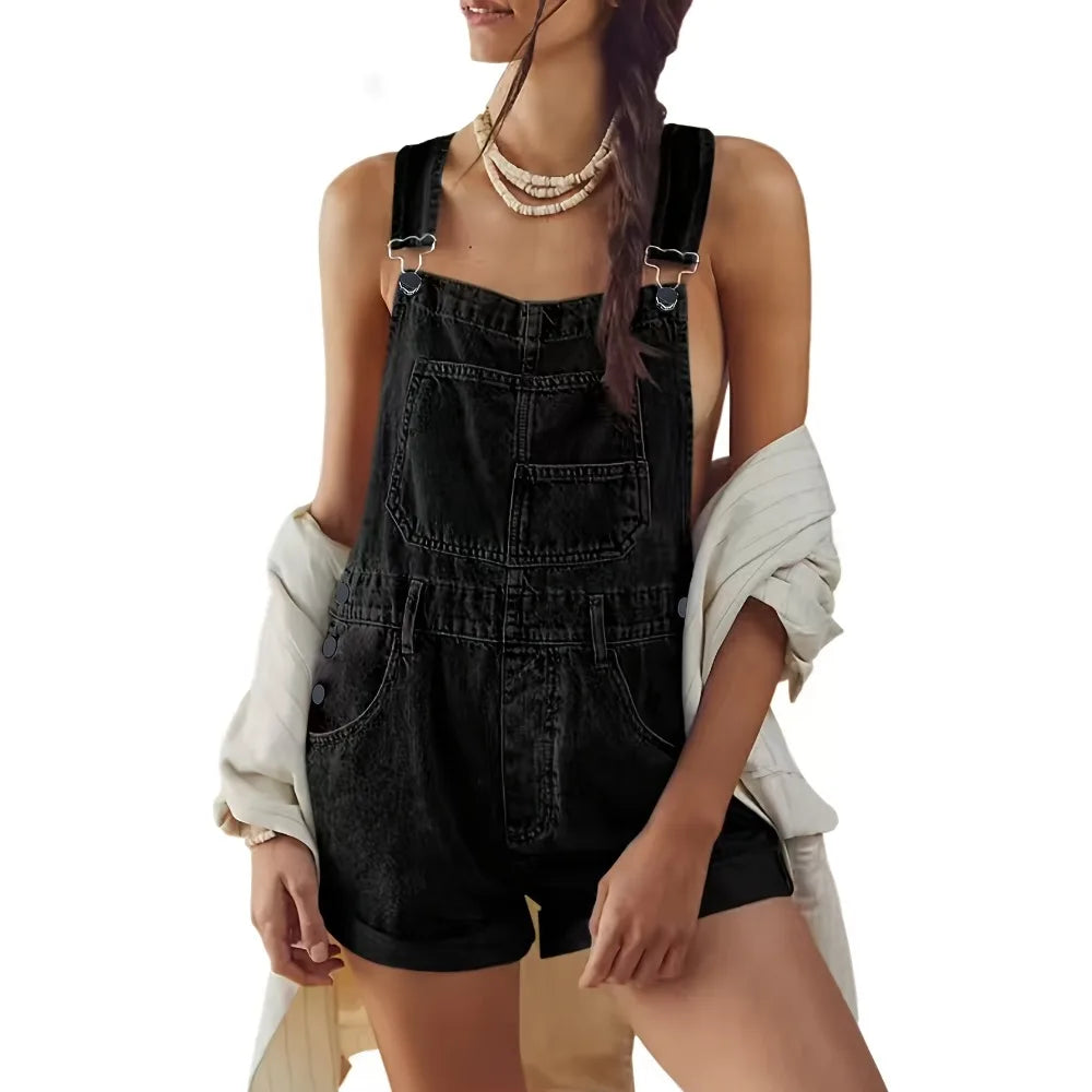 Salopette Short en Jean Femme Jambe Large Ourlée