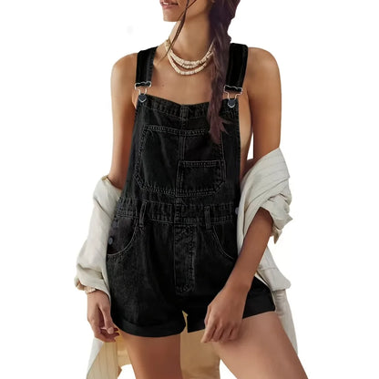 Salopette Short en Jean Femme Jambe Large Ourlée