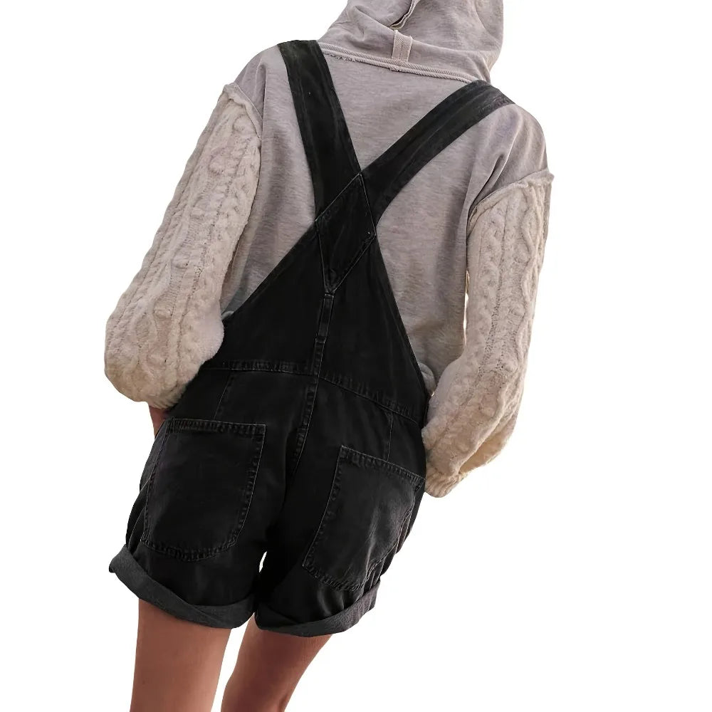 Salopette Short en Jean Femme Jambe Large Ourlée
