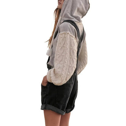 Salopette Short en Jean Femme Jambe Large Ourlée