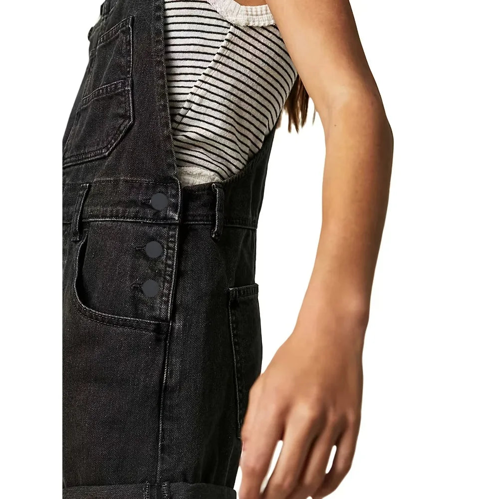 Salopette Short en Jean Femme Jambe Large Ourlée