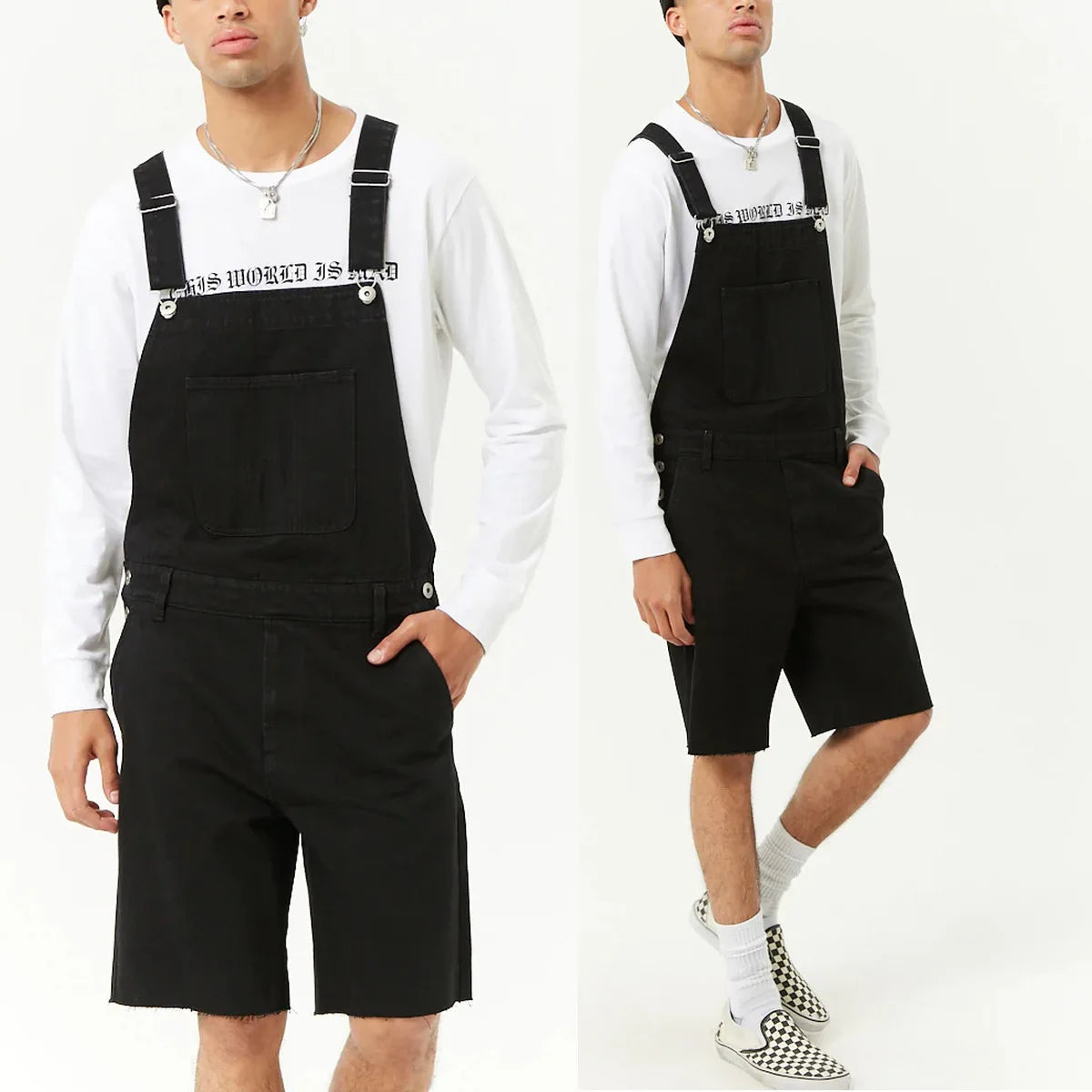 Salopette Short en Jean Noir Homme Déchiré